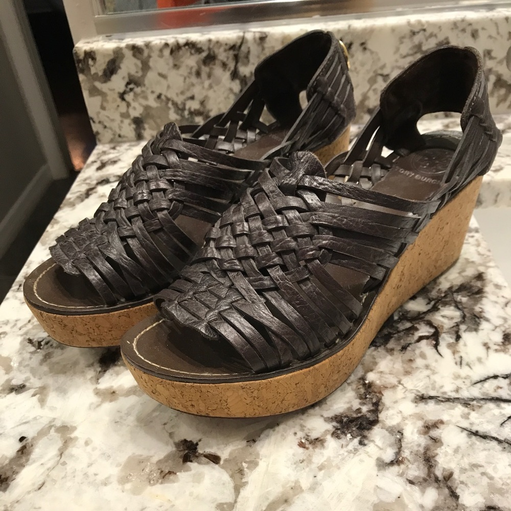 Tory Burch Brown Woven Wedge Sandals